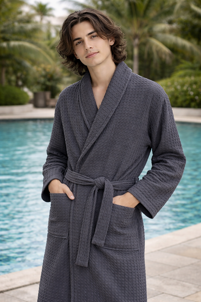 Luxury Cotton Waffle Bathrobe, Unisex Knee Length Spa, Hotel Robe