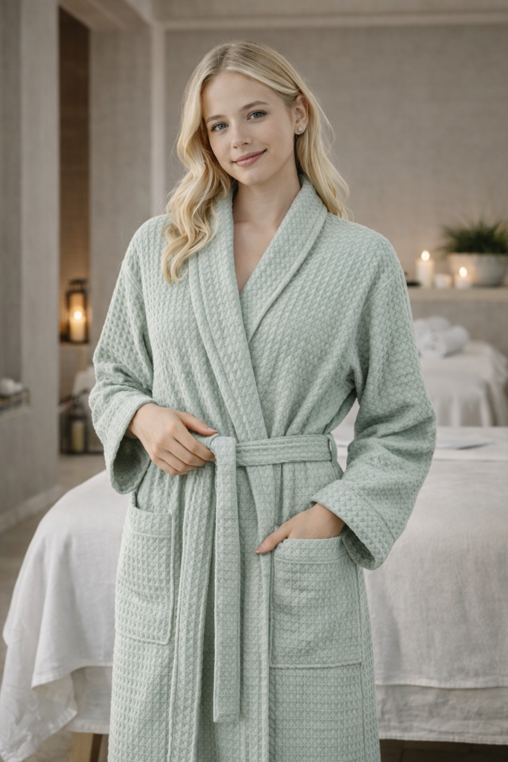 Luxury Cotton Waffle Bathrobe, Unisex Knee Length Spa, Hotel Robe