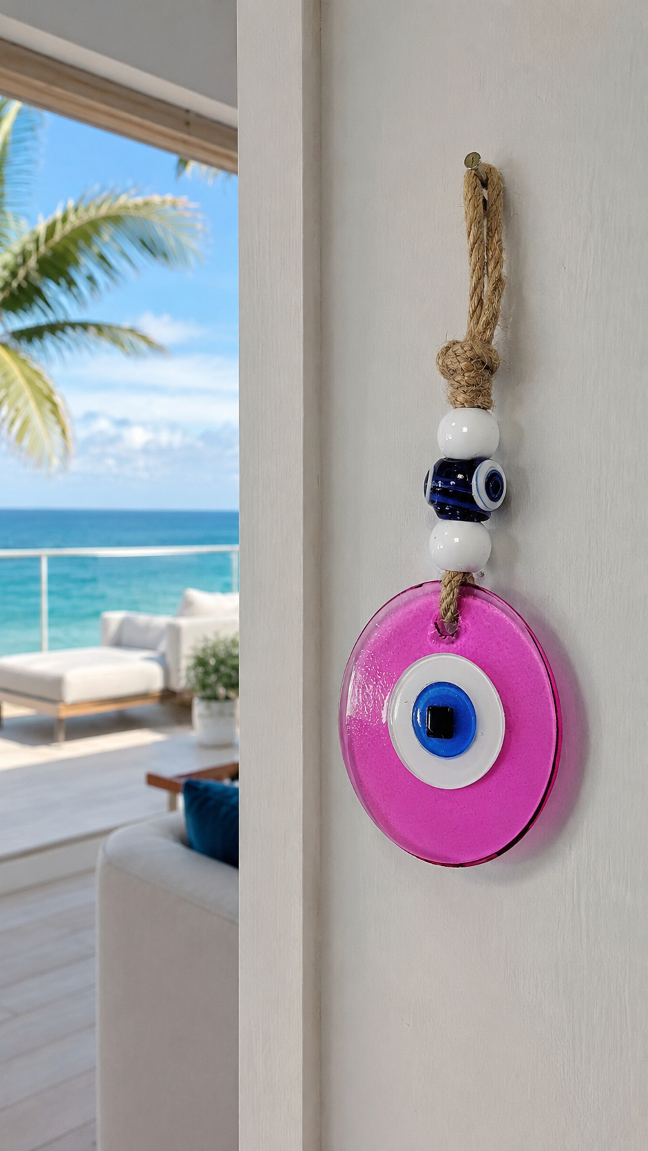 Evil Eye Wall Hanging, Handmade Glass Home Decor, Clear Pink Fusion 7 Inch