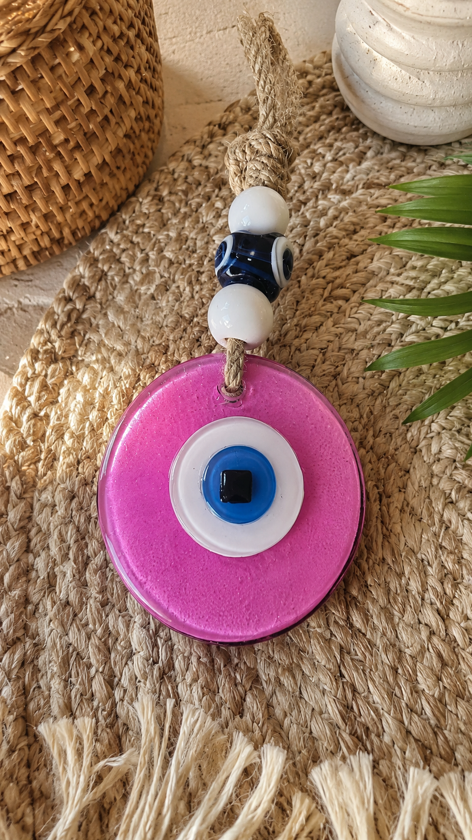 Evil Eye Wall Hanging, Handmade Glass Home Decor, Clear Pink Fusion 7 Inch