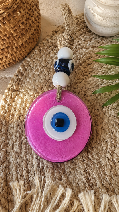 Evil Eye Wall Hanging, Handmade Glass Home Decor, Clear Pink Fusion 7 Inch