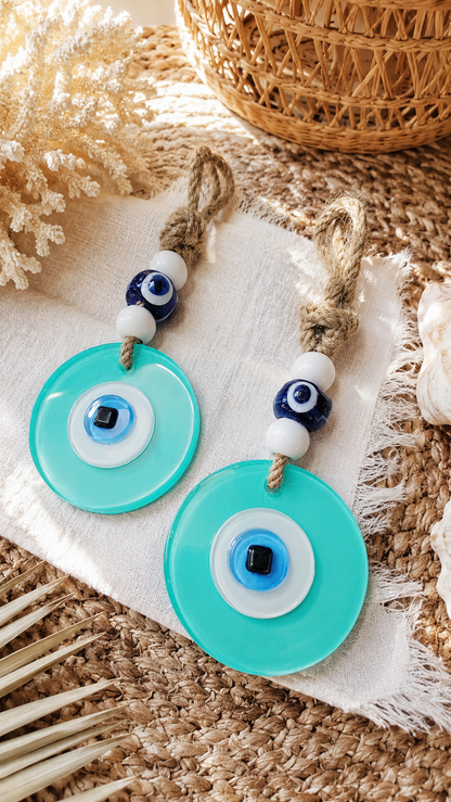 Evil Eye Wall Hanging - Handmade Glass Home Decor, Matte Aqua Fusion 7 Inch