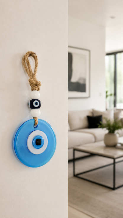 Evil Eye Wall Hanging, Handmade Glass Home Decor, Matte Blue Fusion 7 Inch (Copy)
