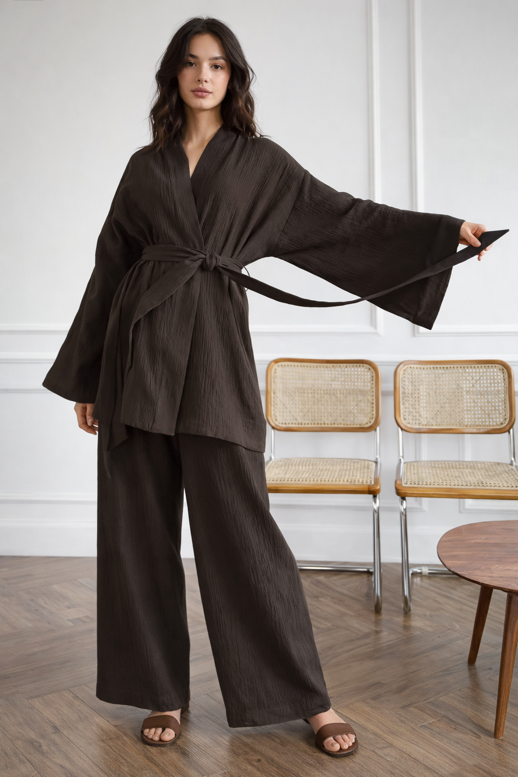 Breathable Muslin Set for Women, Versatile Everyday Wear, Brown