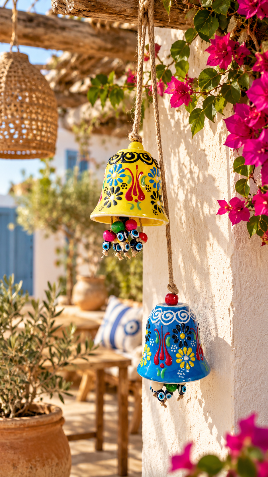 Handmade Turkish Ceramic Bell Wind Chime Evil Eye Home Decor