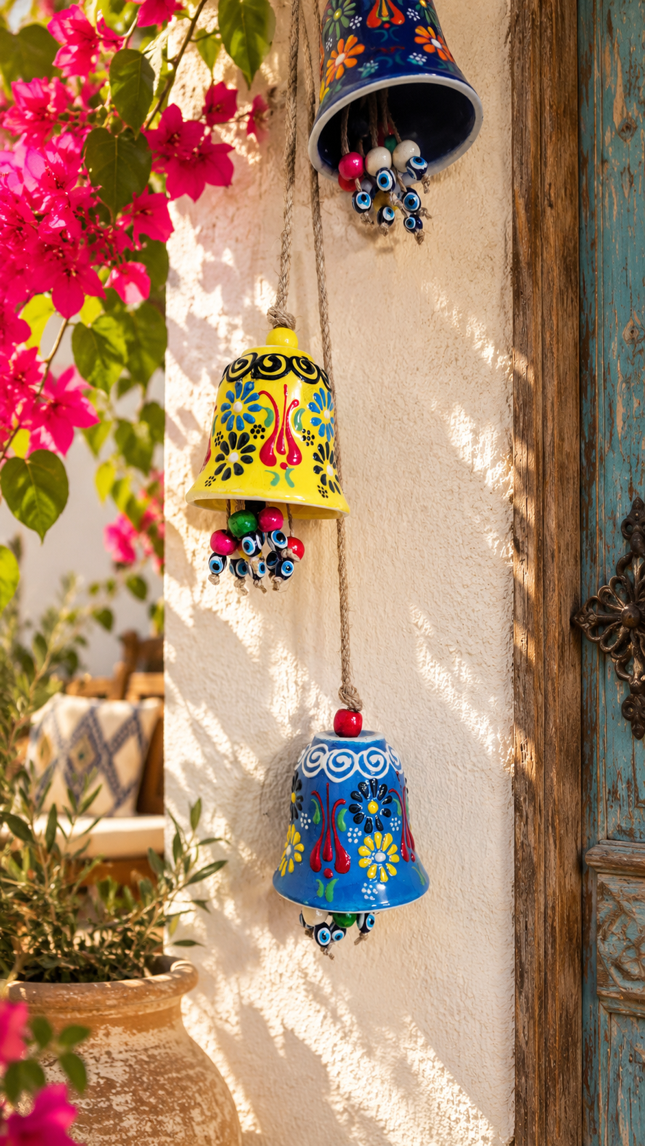 Handmade Turkish Ceramic Bell Wind Chime Evil Eye Home Decor
