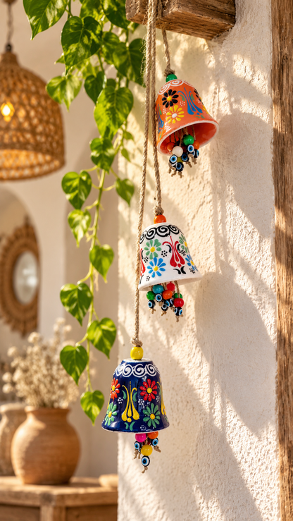 Handmade Turkish Ceramic Bell Wind Chime Evil Eye Home Decor