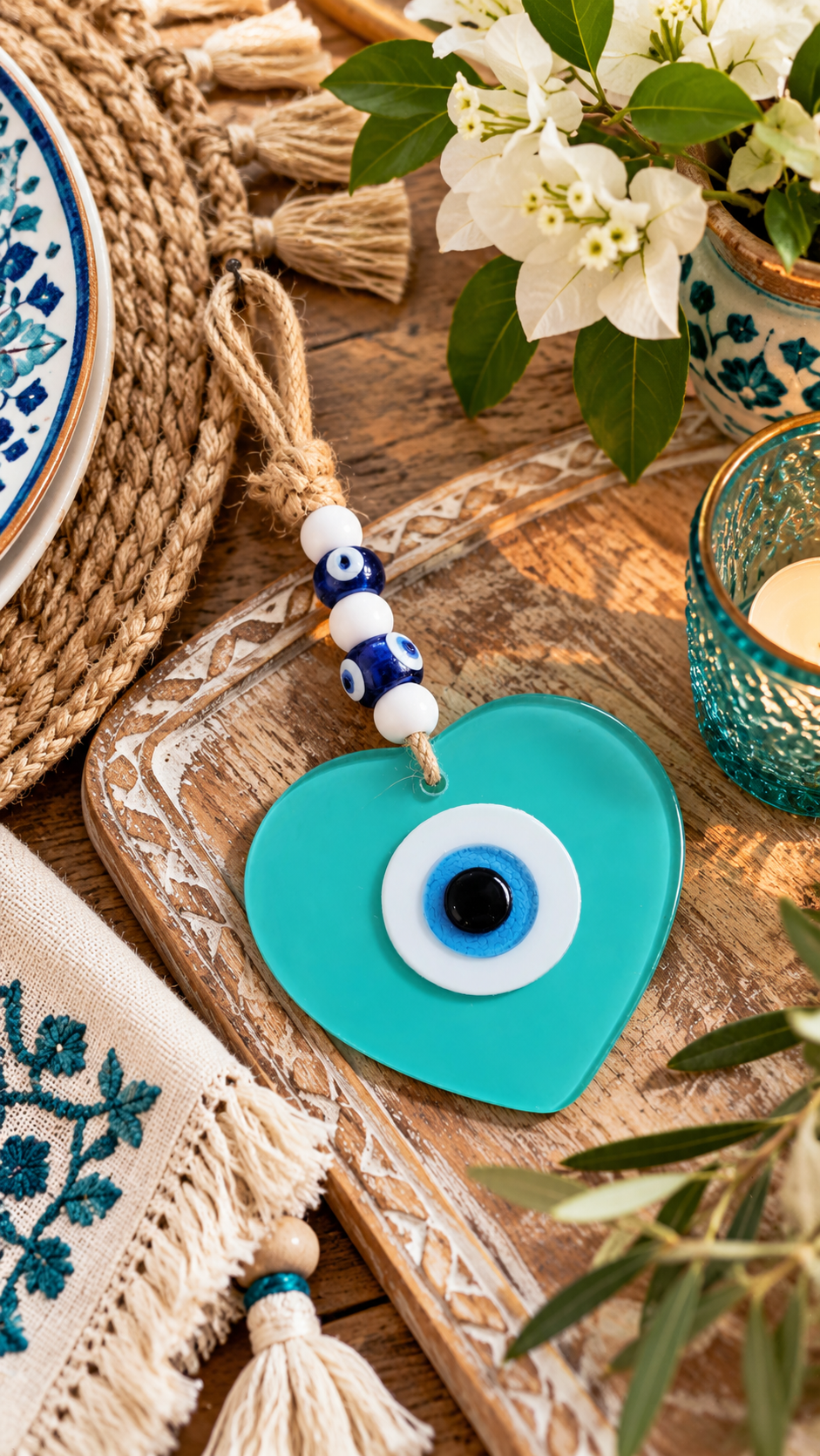 Handmade Glass Evil Eye Wall Hanging Blue Heart Nazar Decor