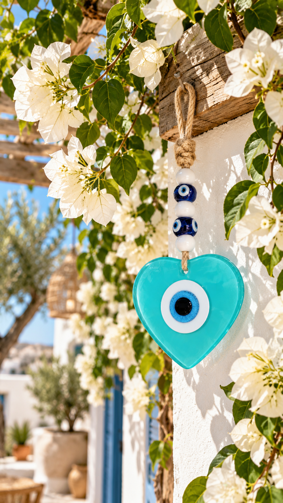 Handmade Glass Evil Eye Wall Hanging Blue Heart Nazar Decor