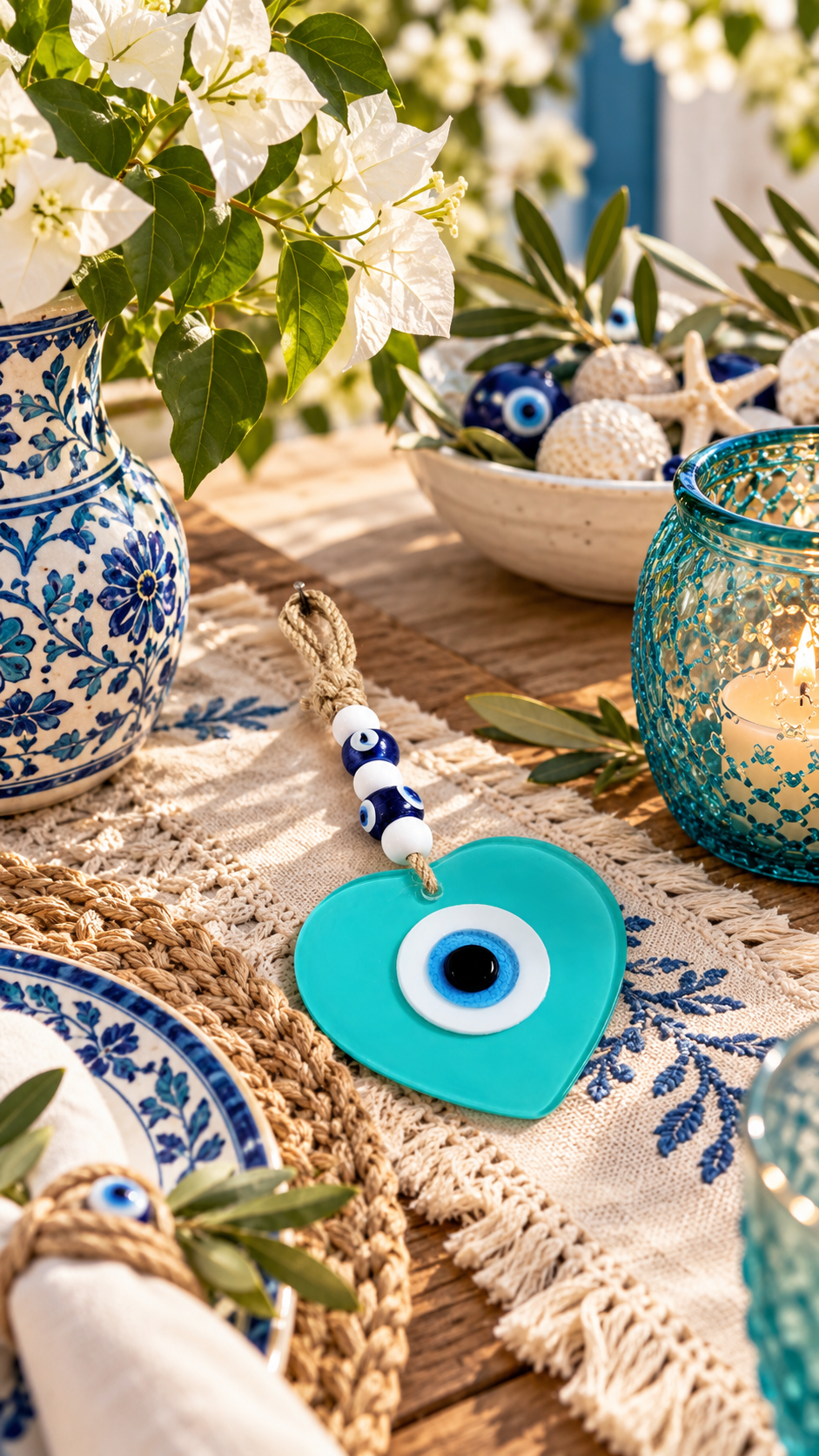 Handmade Glass Evil Eye Wall Hanging Blue Heart Nazar Decor