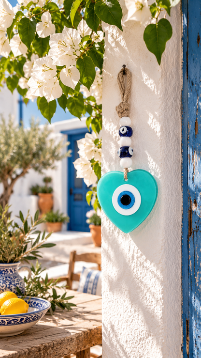 Handmade Glass Evil Eye Wall Hanging Blue Heart Nazar Decor