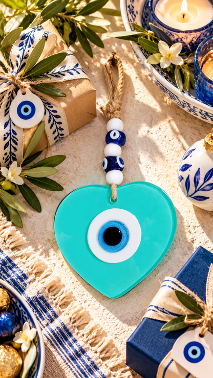 Handmade Glass Evil Eye Wall Hanging Blue Heart Nazar Decor
