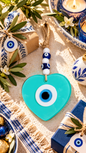 Handmade Glass Evil Eye Wall Hanging Blue Heart Nazar Decor