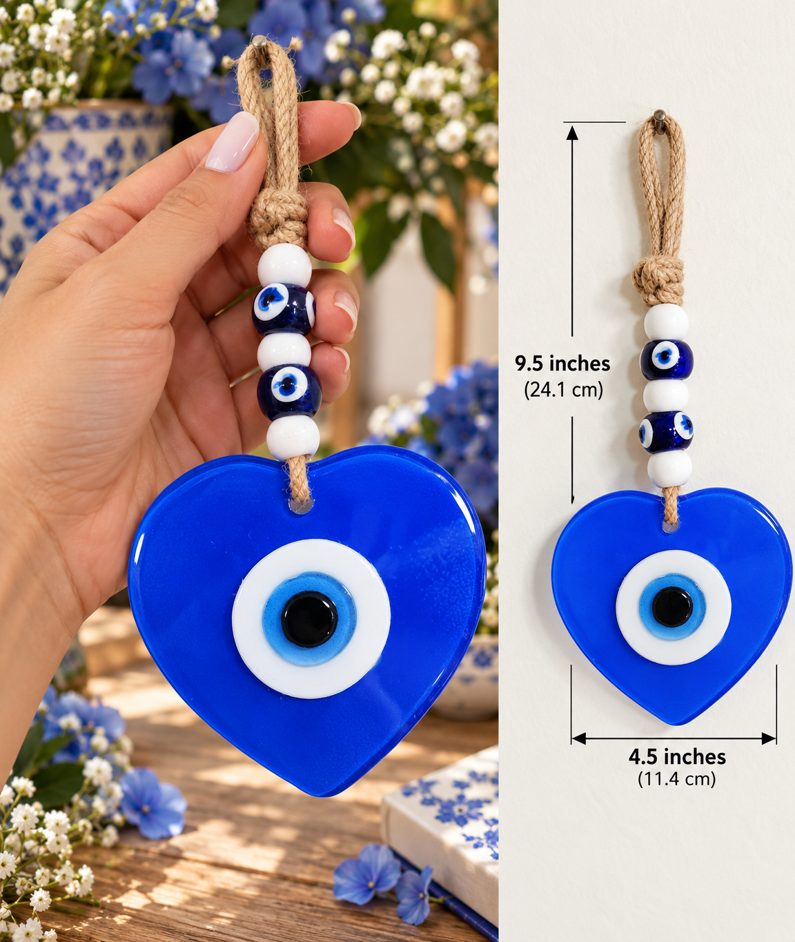 Handmade Glass Evil Eye Wall Hanging Blue Heart Nazar Decor