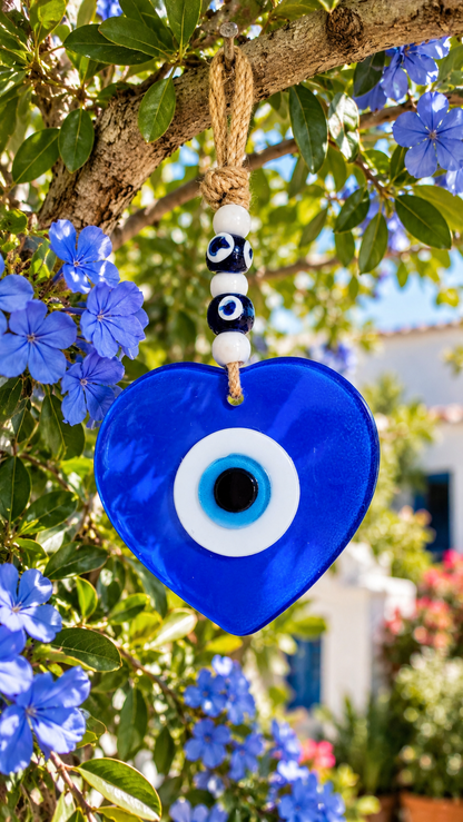 Handmade Glass Evil Eye Wall Hanging Blue Heart Nazar Decor