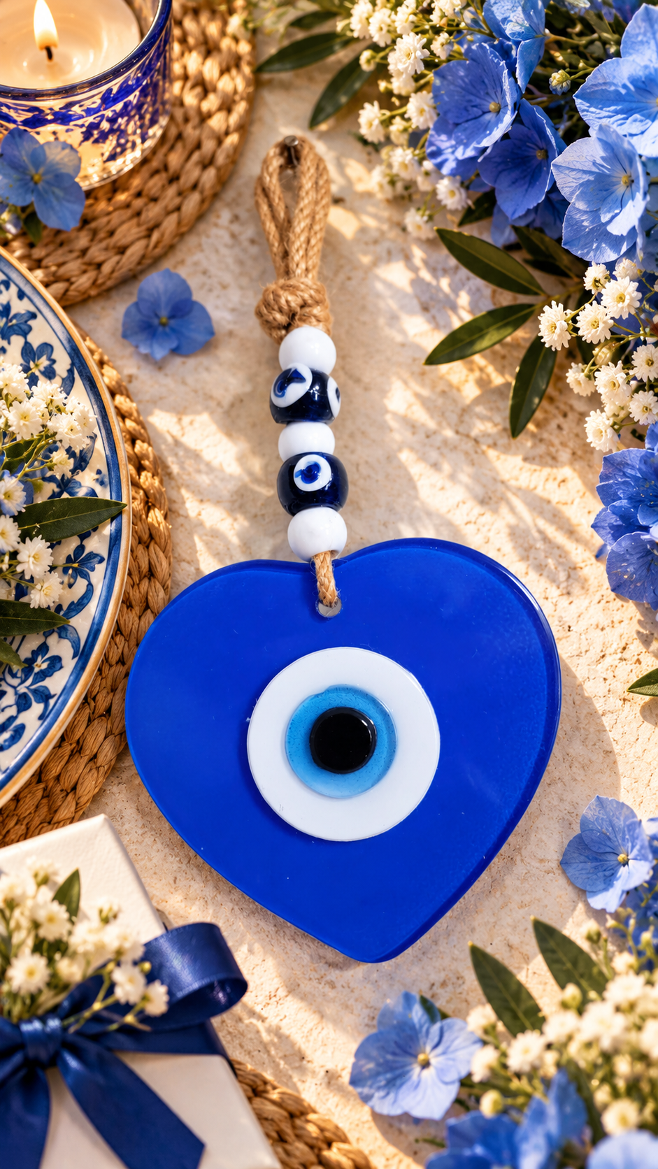 Handmade Glass Evil Eye Wall Hanging Blue Heart Nazar Decor