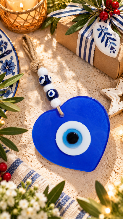 Handmade Glass Evil Eye Wall Hanging Blue Heart Nazar Decor