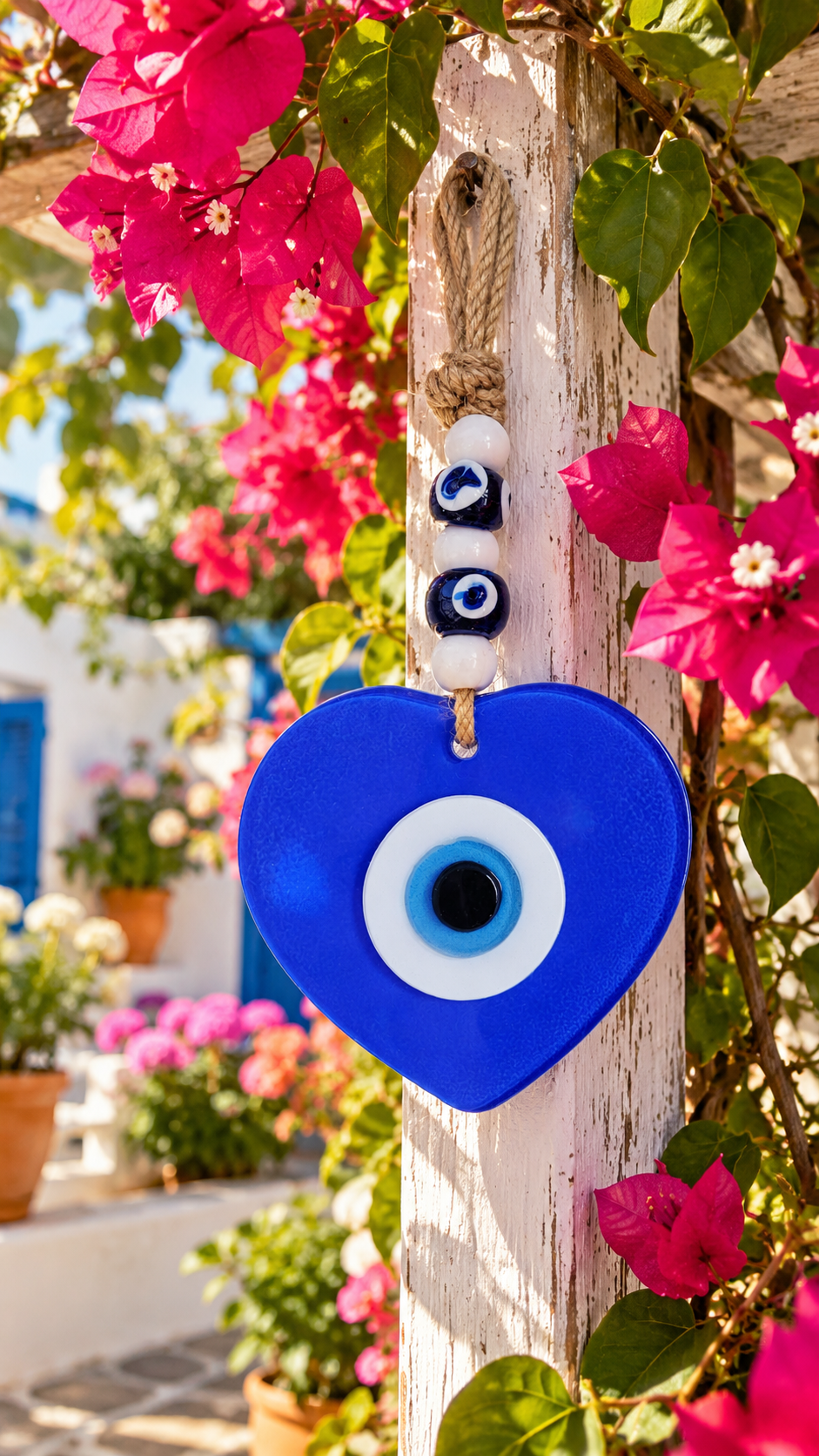 Handmade Glass Evil Eye Wall Hanging Blue Heart Nazar Decor
