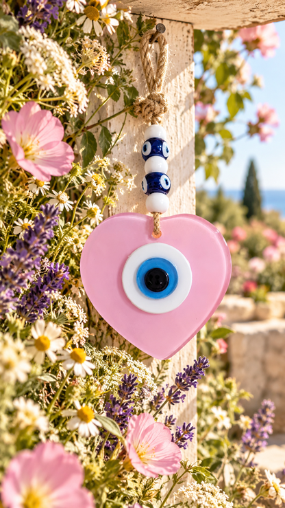 Handmade Glass Evil Eye Wall Hanging Pink Heart Nazar Decor