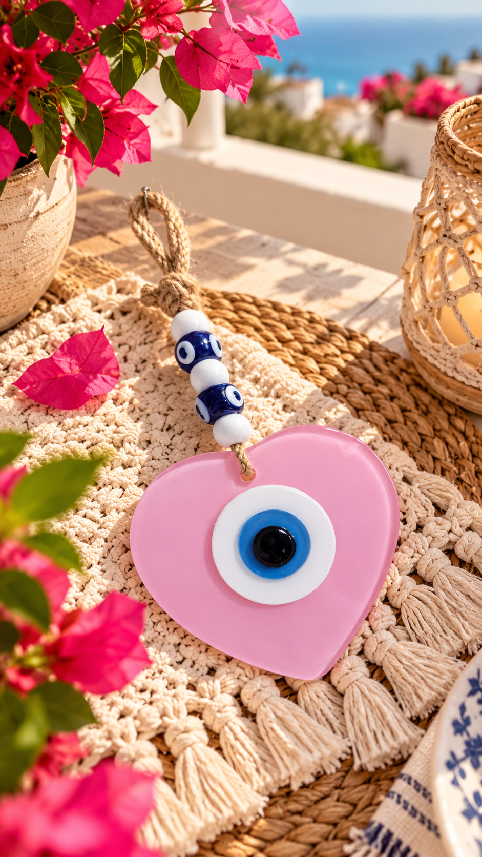 Handmade Glass Evil Eye Wall Hanging Pink Heart Nazar Decor