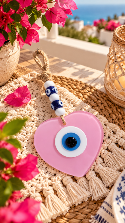 Handmade Glass Evil Eye Wall Hanging Pink Heart Nazar Decor