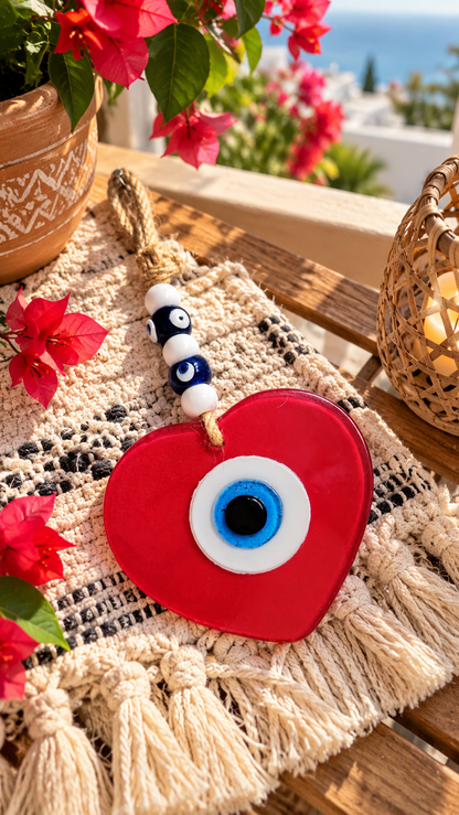 Handmade Glass Evil Eye Wall Hanging Red Heart Nazar Decor 9.5 Inch