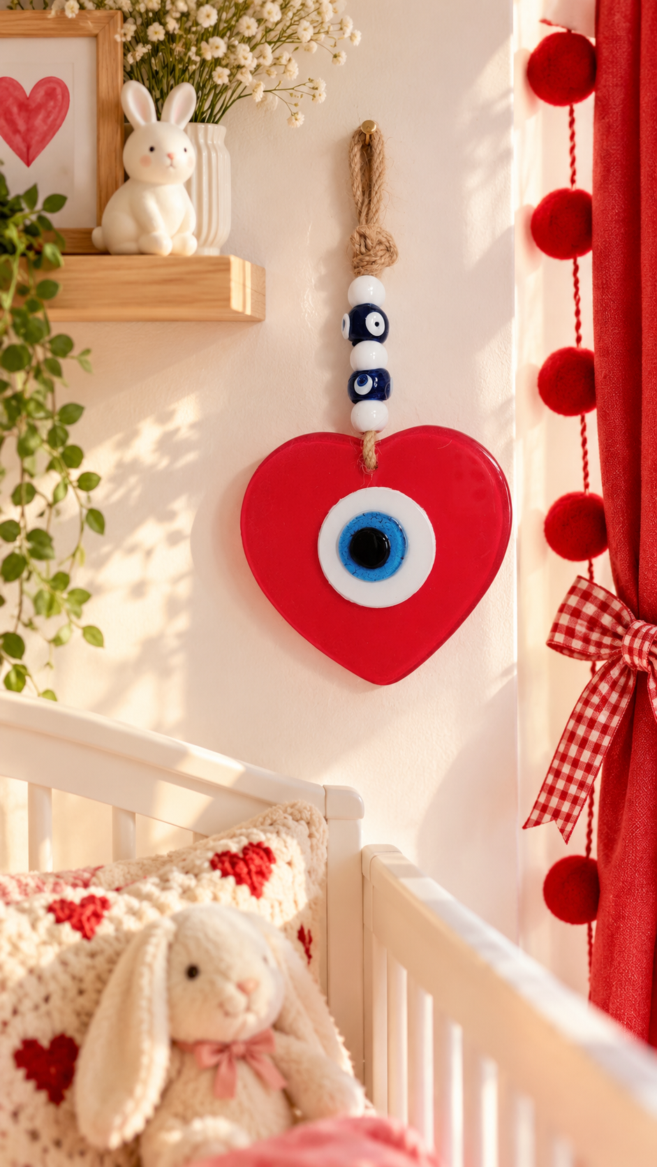 Handmade Glass Evil Eye Wall Hanging Red Heart Nazar Decor 9.5 Inch