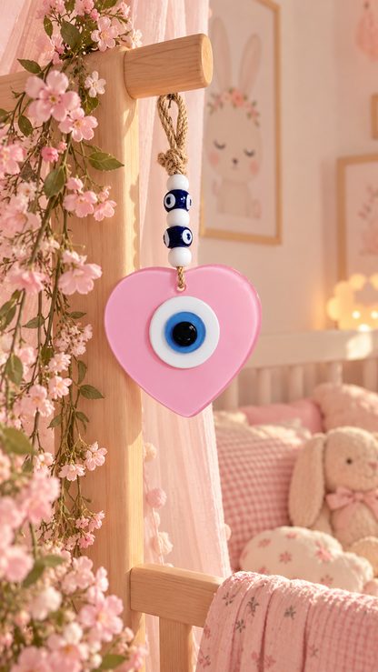 Handmade Glass Evil Eye Wall Hanging Pink Heart Nazar Decor