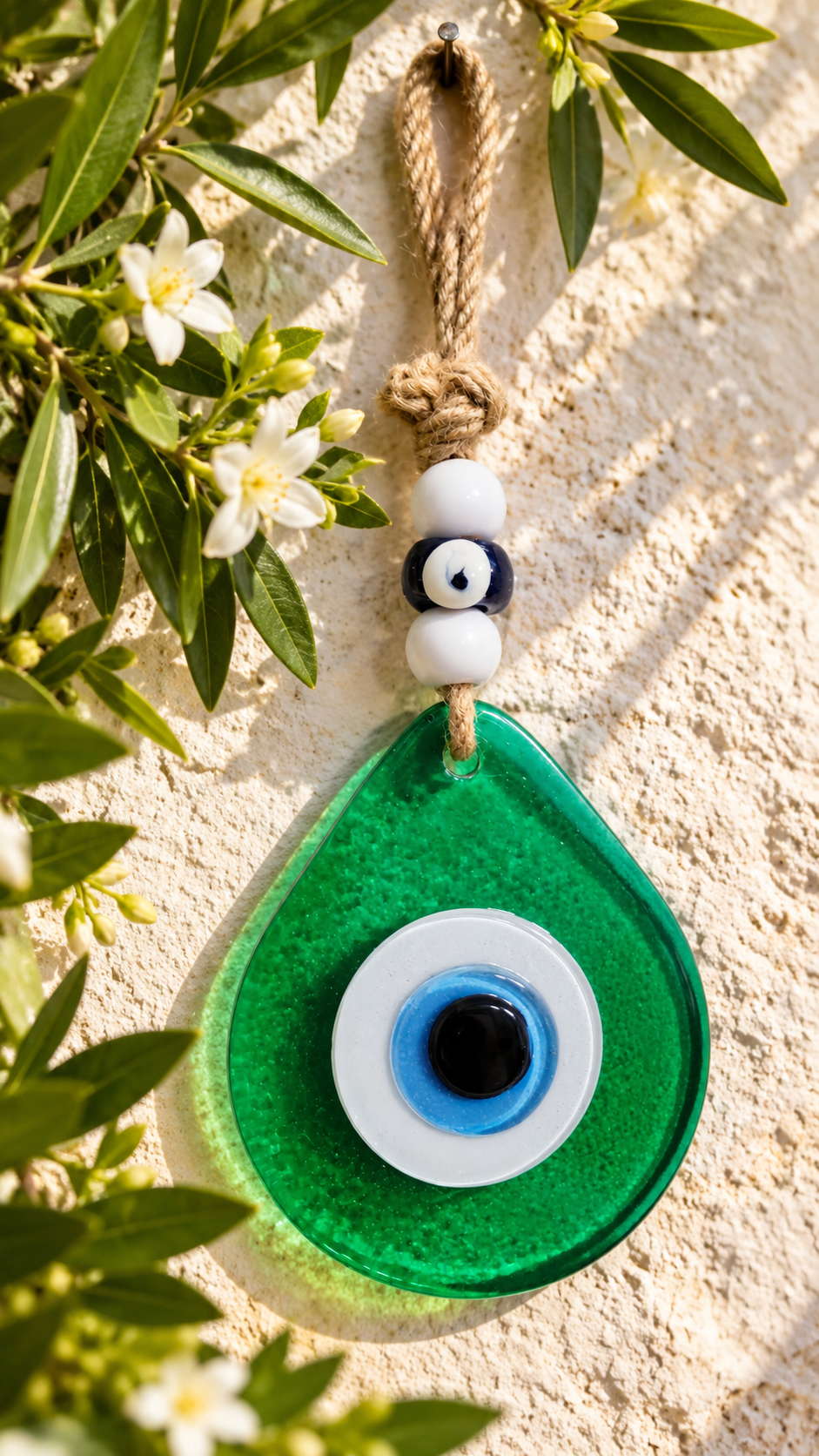 Teardrop Evil Eye Wall Hanging Glass Mediterranean Decor Translucent Green