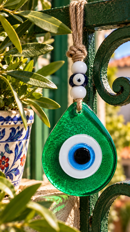 Teardrop Evil Eye Wall Hanging Glass Mediterranean Decor Translucent Green