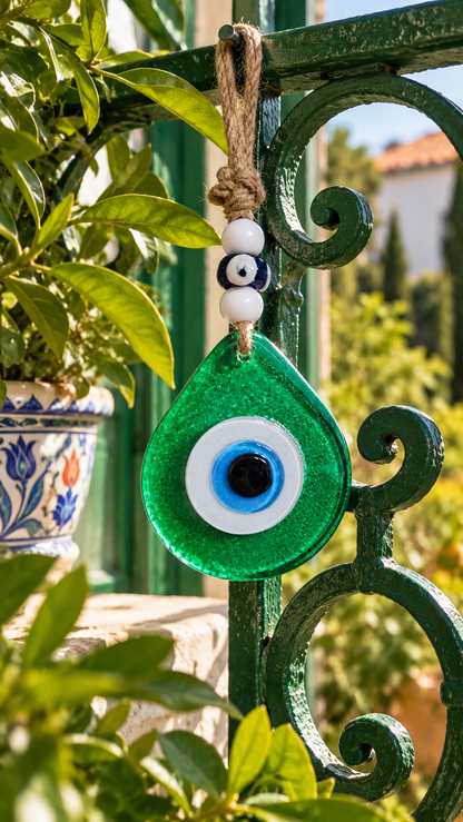 Teardrop Evil Eye Wall Hanging Glass Mediterranean Decor Translucent Green