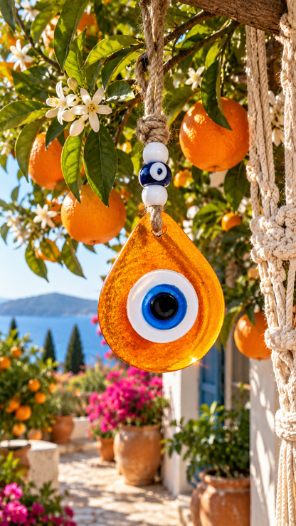Teardrop Evil Eye Wall Hanging Glass Mediterranean Decor Translucent Orange