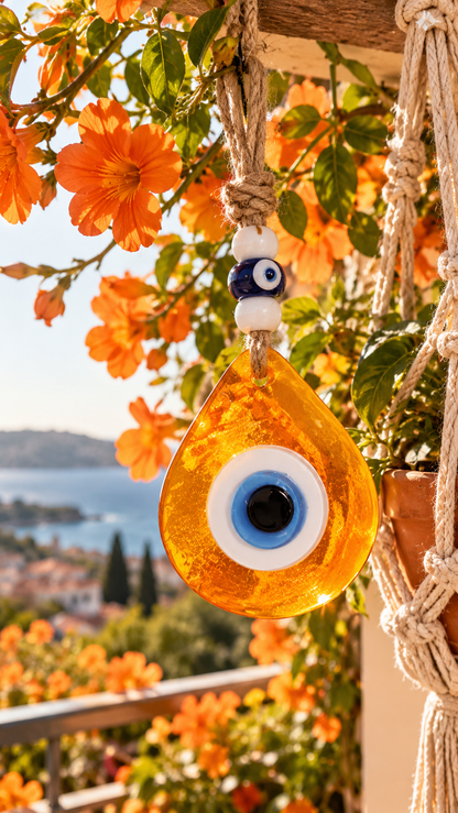 Teardrop Evil Eye Wall Hanging Glass Mediterranean Decor Translucent Orange