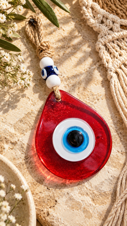 Teardrop Evil Eye Wall Hanging Glass Mediterranean Home Decor Red