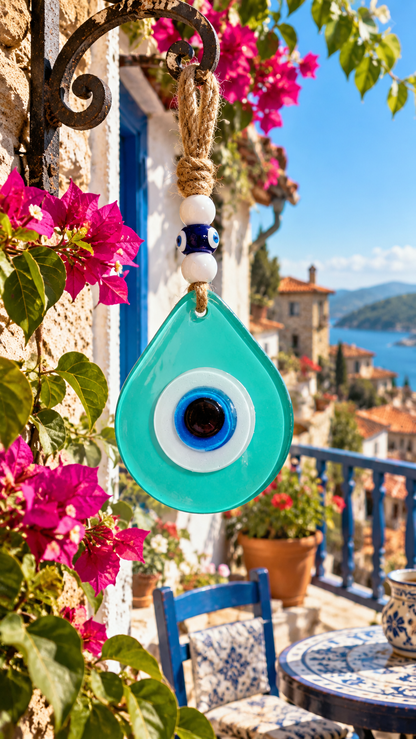 Teardrop Evil Eye Wall Hanging Glass Mediterranean Decor Aqua