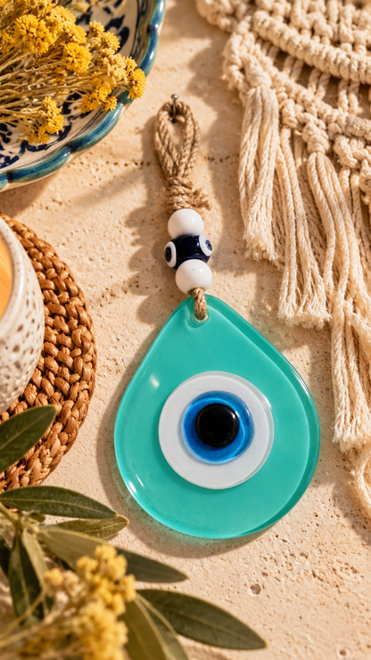 Teardrop Evil Eye Wall Hanging Glass Mediterranean Decor Aqua