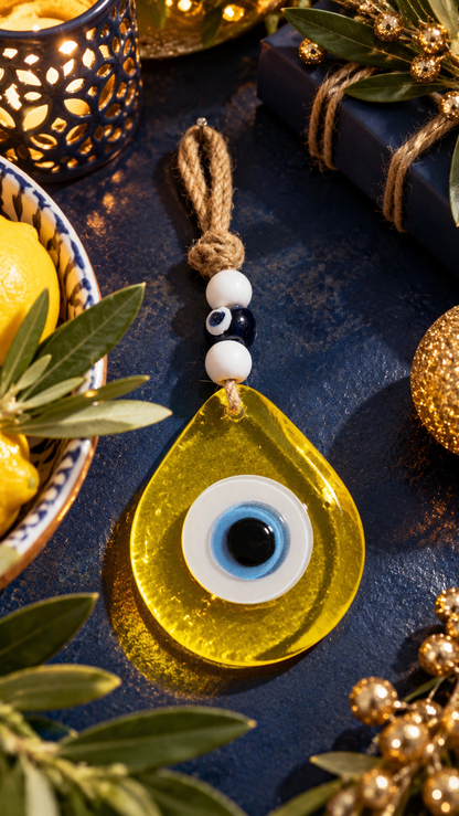Teardrop Evil Eye Wall Hanging Glass Mediterranean Decor Translucent Yellow