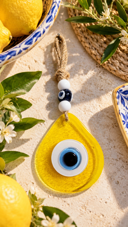 Teardrop Evil Eye Wall Hanging Glass Mediterranean Decor Translucent Yellow