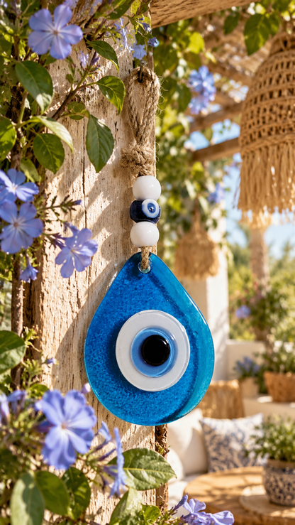 Teardrop Evil Eye Wall Hanging Glass Mediterranean Decor Ocean Blue