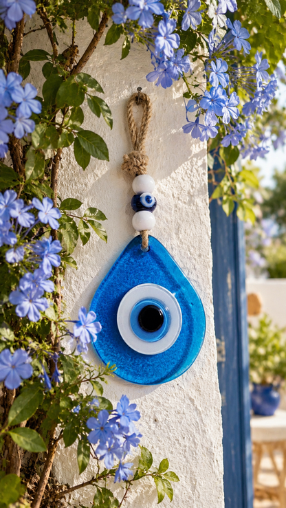 Teardrop Evil Eye Wall Hanging Glass Mediterranean Decor Ocean Blue