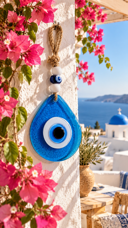 Teardrop Evil Eye Wall Hanging Glass Mediterranean Decor Ocean Blue