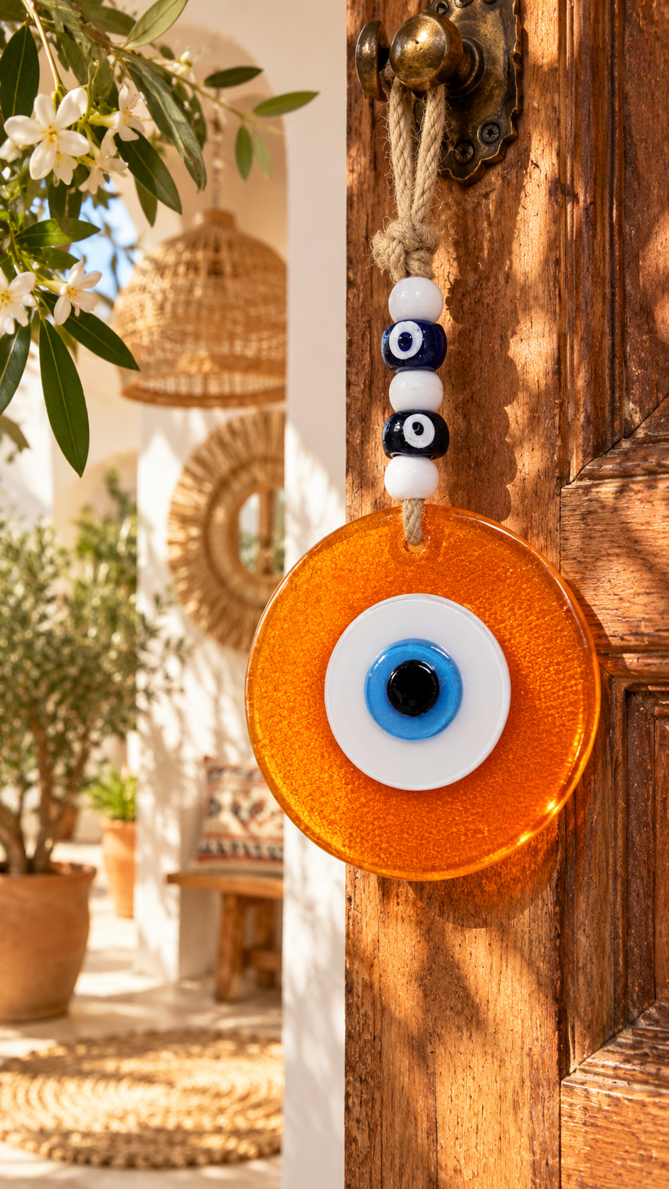 Large Orange Glass Evil Eye Wall Hanging Handmade Nazar Home Decor