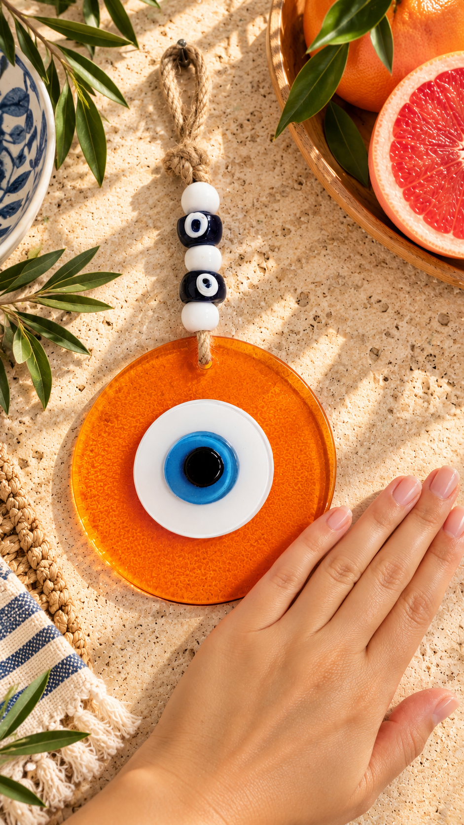 Large Orange Glass Evil Eye Wall Hanging Handmade Nazar Home Decor