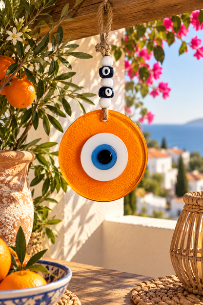 Large Orange Glass Evil Eye Wall Hanging Handmade Nazar Home Decor