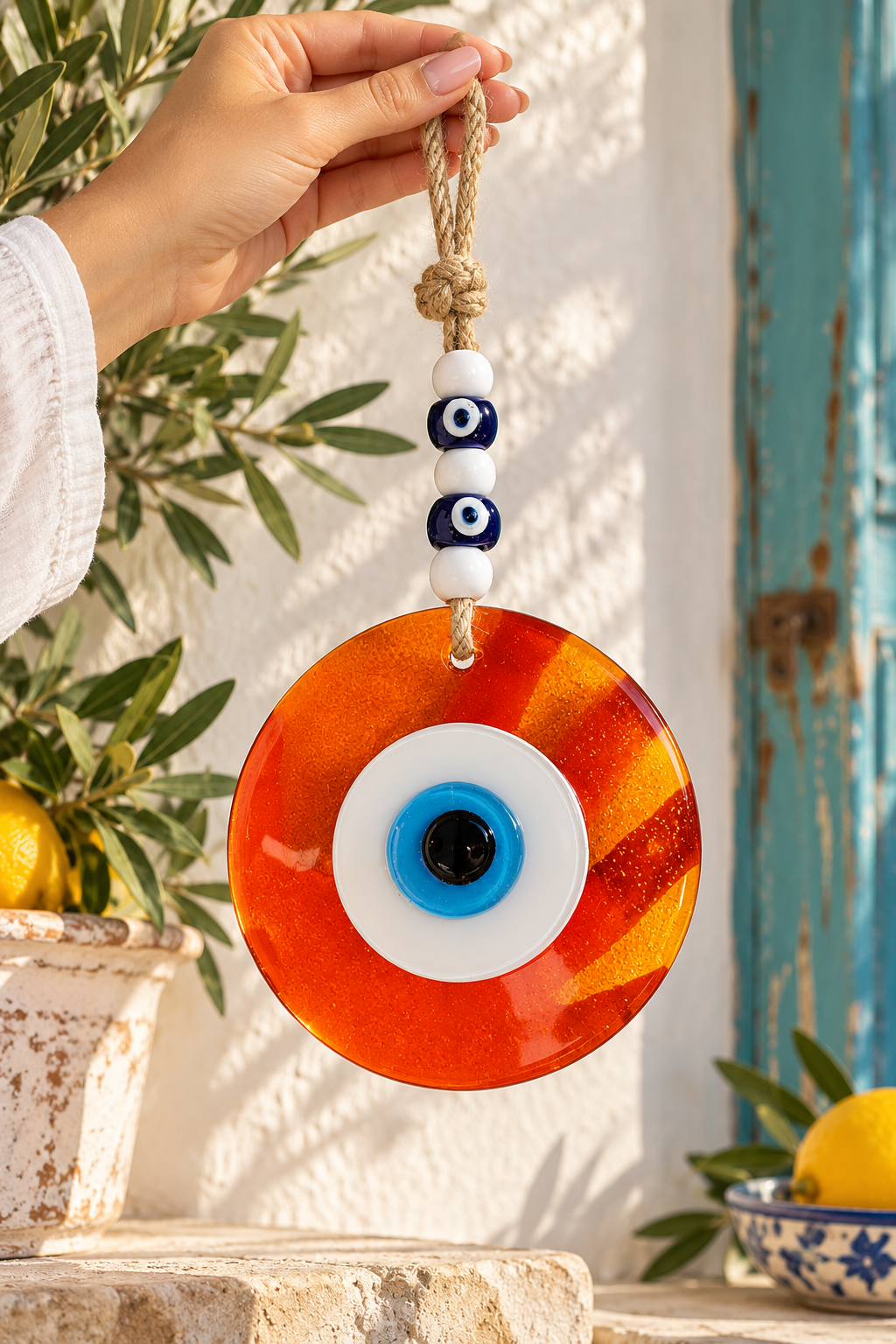 Large Orange Glass Evil Eye Wall Hanging Handmade Nazar Home Decor