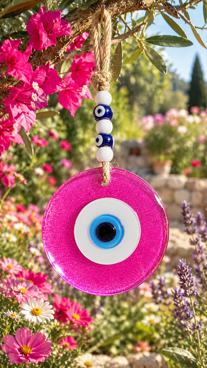 Large Pink Glass Evil Eye Wall Hanging Handmade Nazar Home Decor