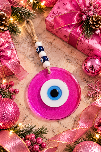 Large Pink Glass Evil Eye Wall Hanging Handmade Nazar Home Decor