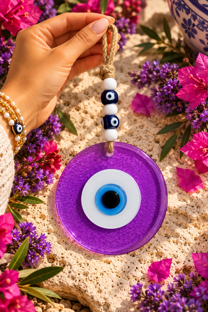 Large Purple Glass Evil Eye Wall Hanging Handmade Nazar Home Decor