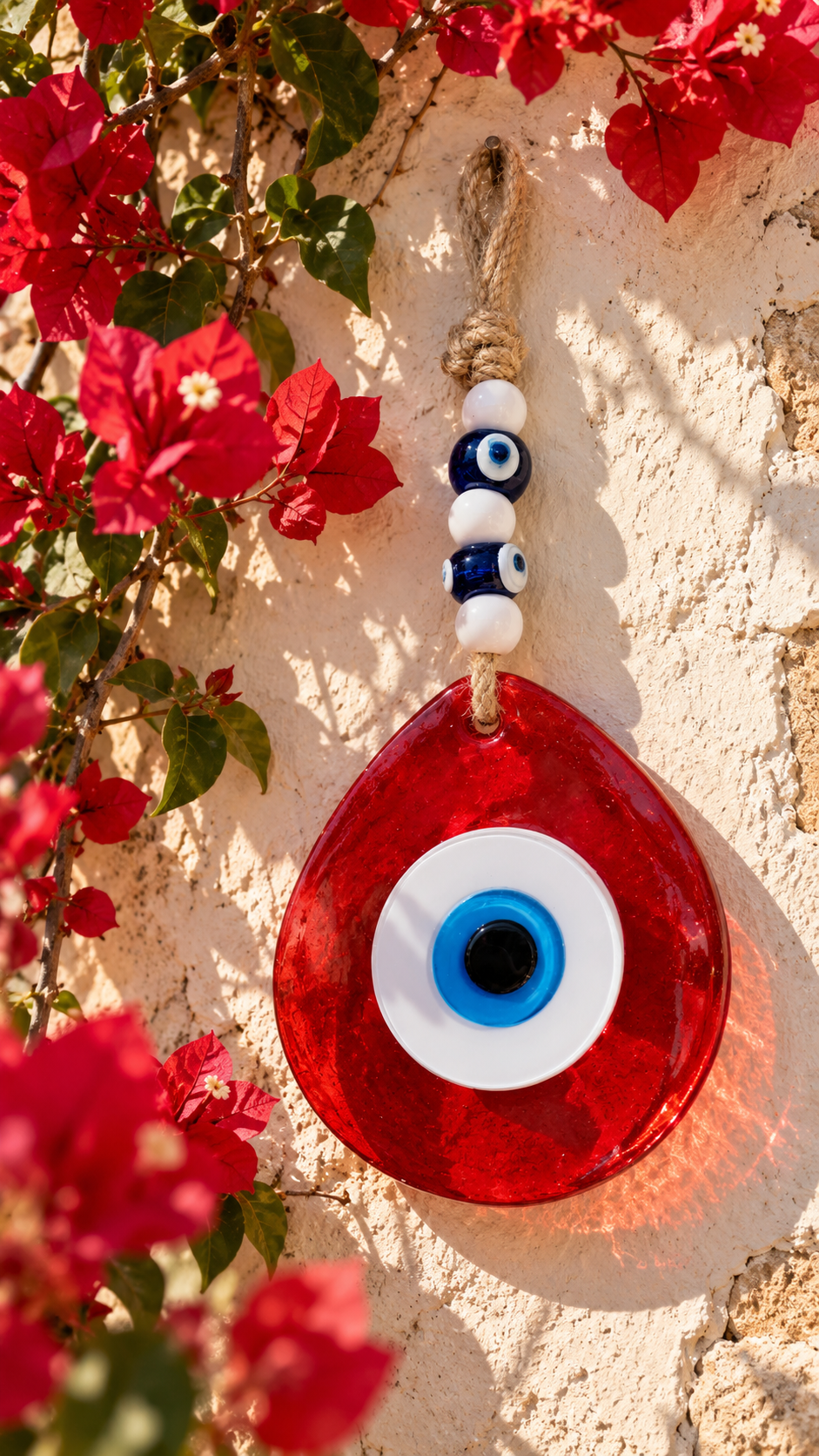 Jumbo Glass Evil Eye Wall Hanging with Beads 10 Inch