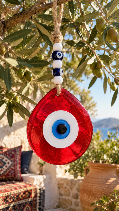 Jumbo Glass Evil Eye Wall Hanging with Beads 10 Inch